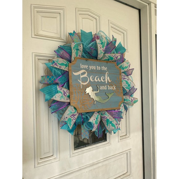 Mermaid Wreath, Welcome to the Beach Mesh Ribbon Wreath Door Hanger Home Decor - Picture 6 of 8